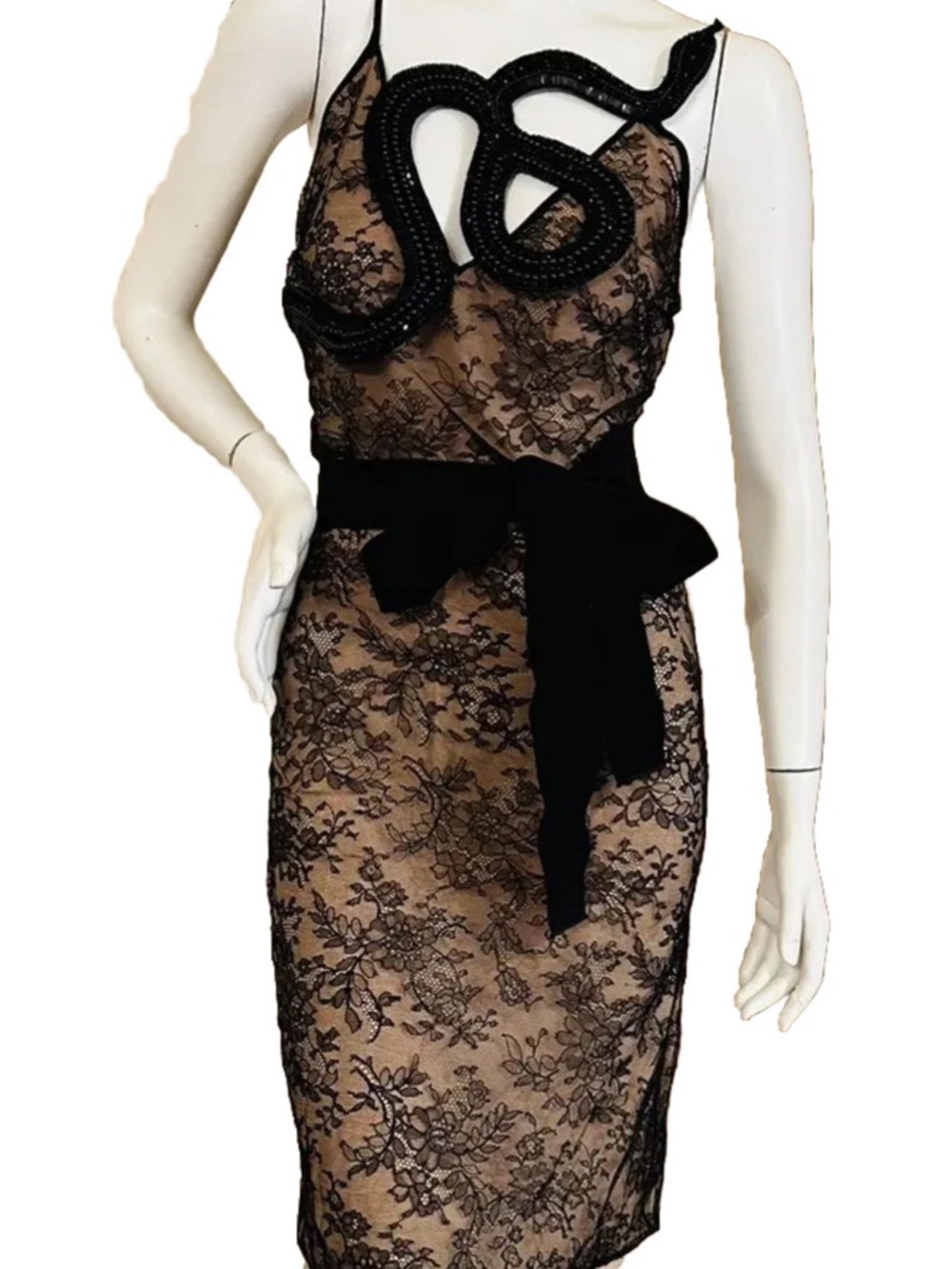 GUCCI SNAKE BLACK EMBROIDERY Silk Lined CHANTILLY LACE DRESS SIZE 42 IT - Picture 5 of 16